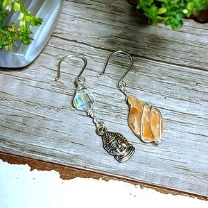 Mismatched Sunstone Crystal & Buddha Dangle Earrings, Holographic Gemstone